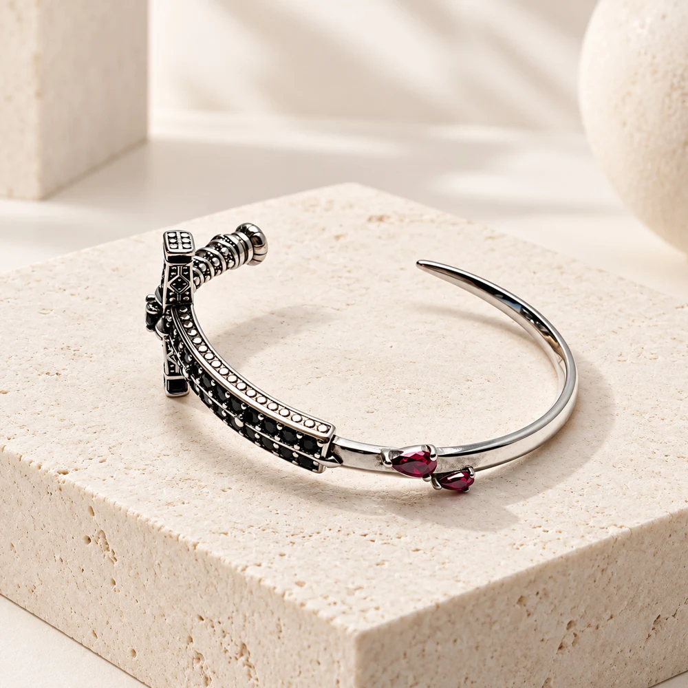 Schwert mit Armband aus schwarzem und rotem Stein, europäische Marke, neu, aus reinem 925er Sterlingsilber, edler Schmuck, Vintage-Geschenk für Damen und Herren. – Detail 5