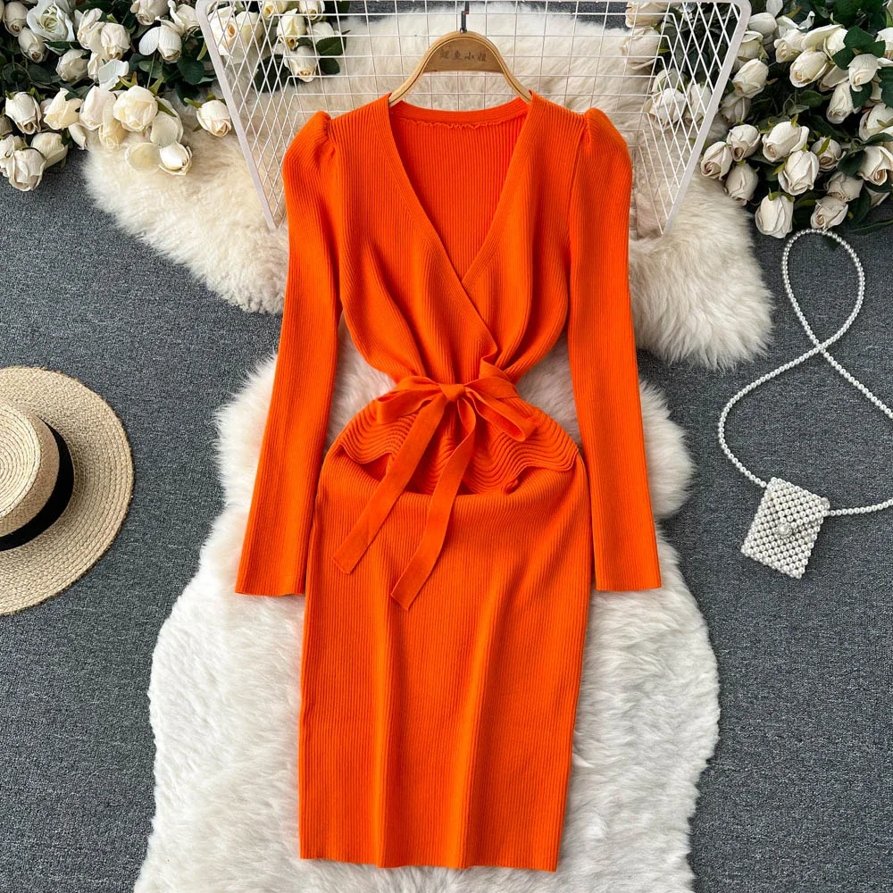 Women Long Sleeve V Neck Sexy Knit Bodycon Dress Chic Vintage Lace Up French Fashion Vestidos Party Elegant Fashion Dresses Y2k