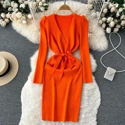 Women Long Sleeve V Neck Sexy Knit Bodycon Dress Chic Vintage Lace Up French Fashion Vestidos Party Elegant Fashion Dresses Y2k