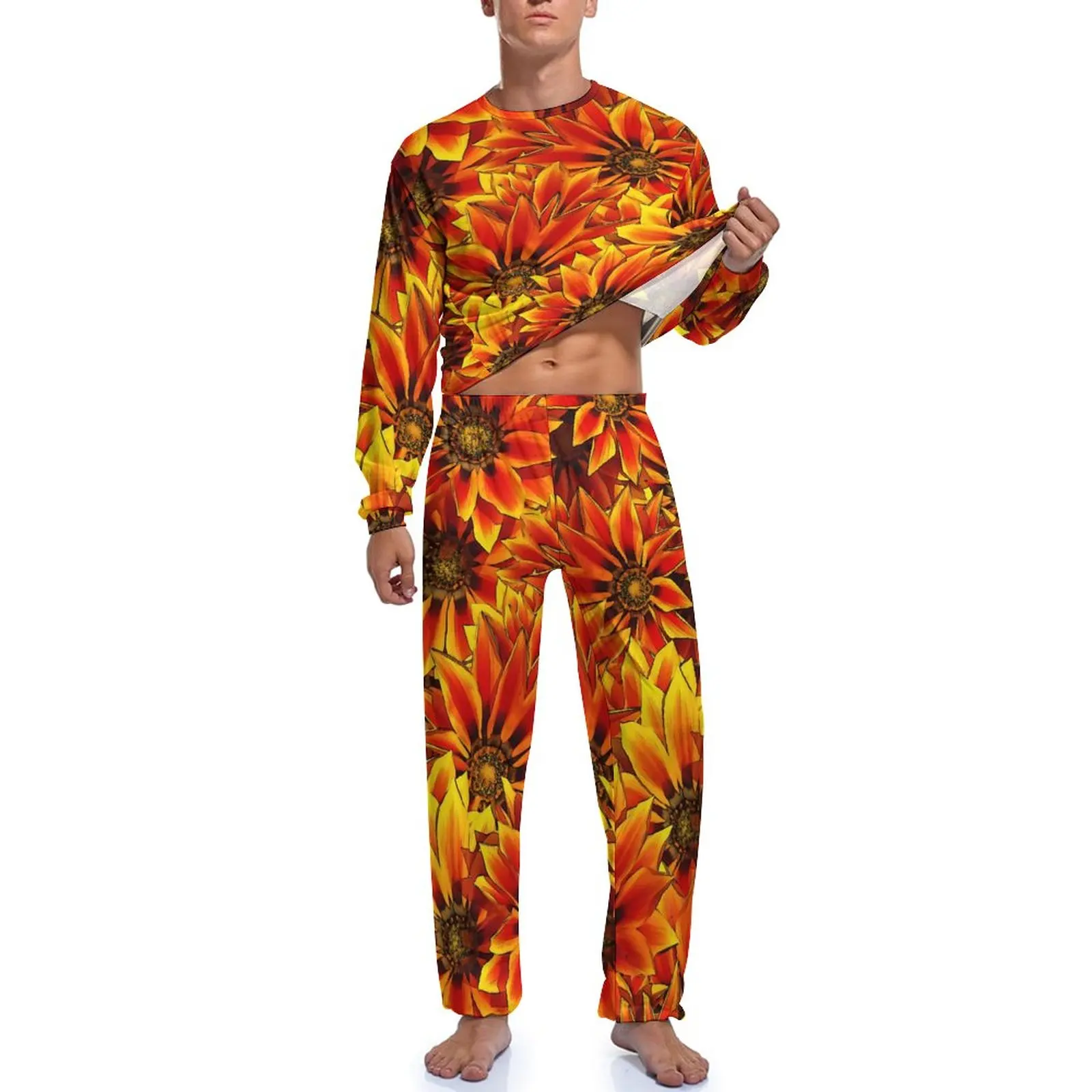 Orange Sunflower Pajamas Flowers Print Man Long Sleeve Cool Pajamas Set 2 Pieces Night Spring Design Nightwear Birthday Gift