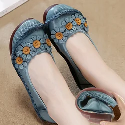 Feerldi Blue Mom Casual Flats Woman Soft Floral Oxford Shoes for Women Summer Genuine Leather Shoes Ladies Handmade Sewing Flats