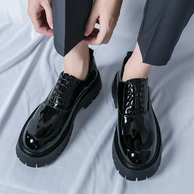 

Derby Men Shoes Thick Sole Height Increasing Round Toe High-end Feel Anti Slip Wear-resistant Fashionable Shoes for Teenagers