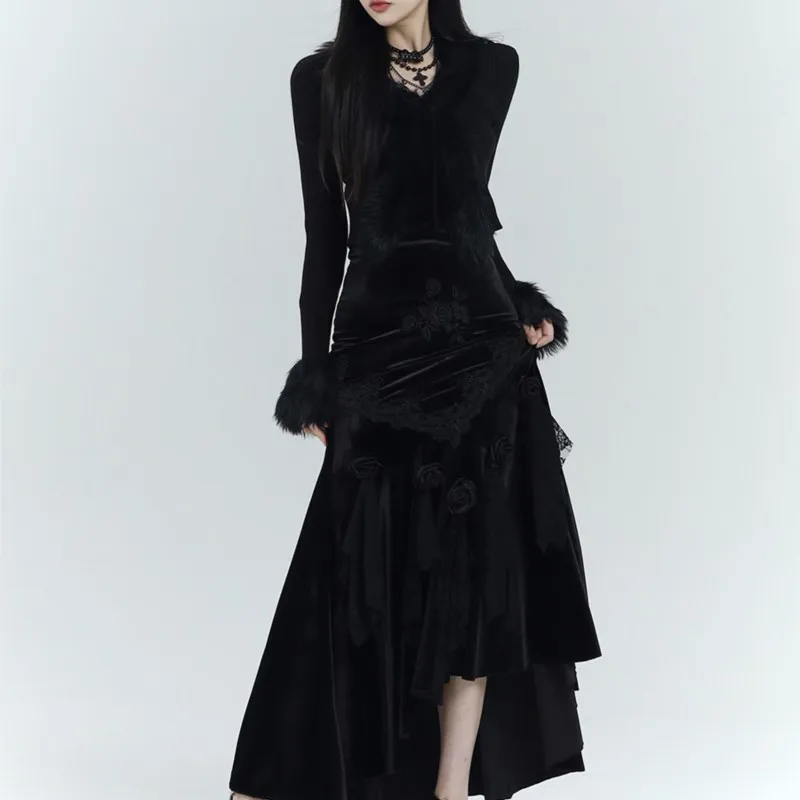 Black Velvet Fishtail Skirt Artistic Long Skirt Medieval Retro Set