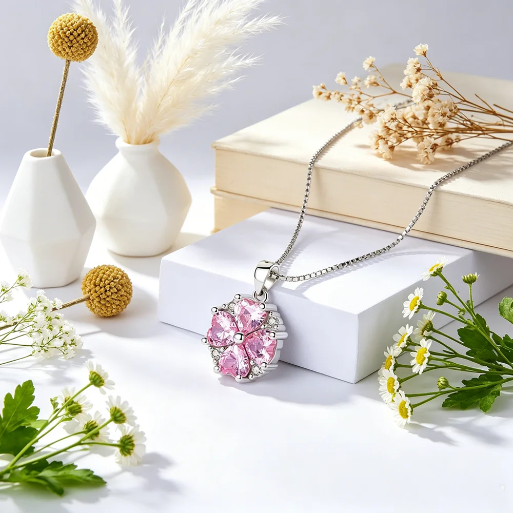 Latest Fashion Genuine 925 Sterling Silver Long Necklace Heart Pendant For Women Lady Girls Pink CZ Composition Necklace