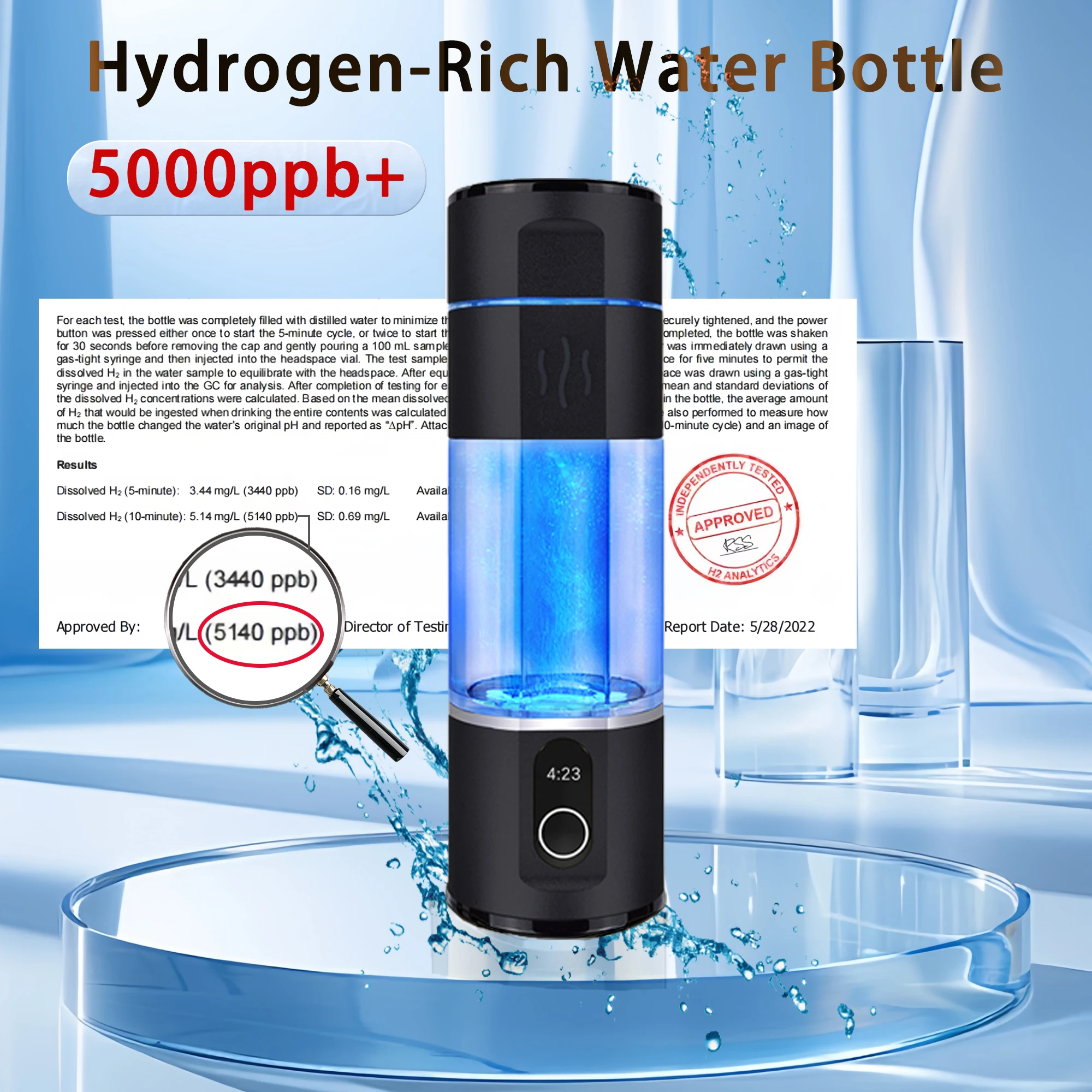 

Hydrogen Water Bottle - Portable Hydrogen Water Generator Bottle, Rechargeable, High PPB 5000, Water Ionizer Machine, for Travel