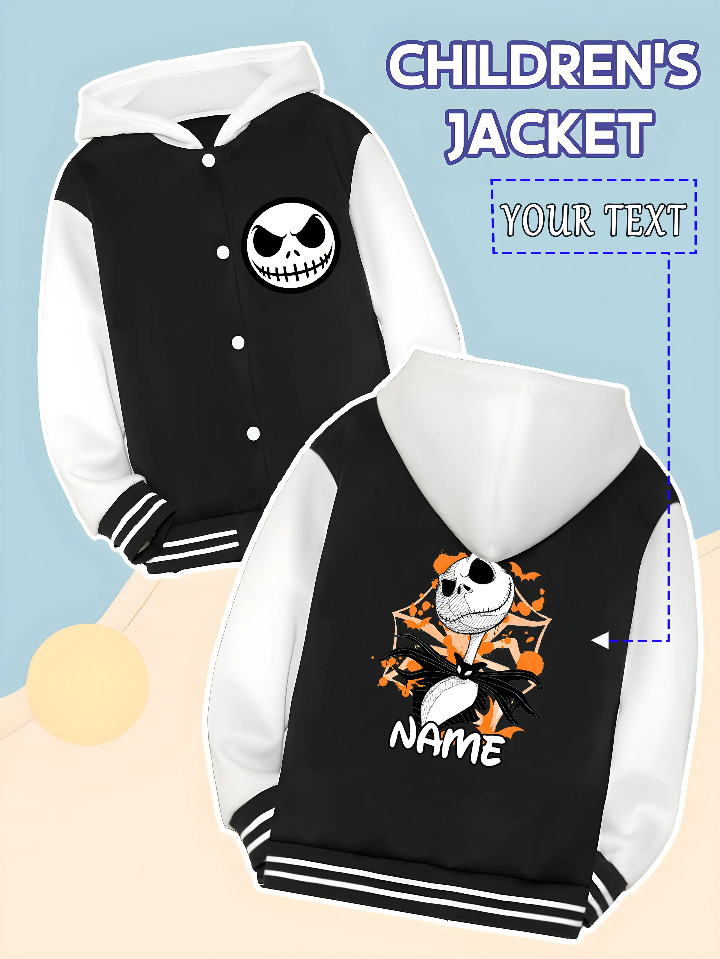 

MINISO Disney The Nightmare Before Christmas Skeleton Kids Baseball Jacket - Personalized skull pattern, suitable for theme part