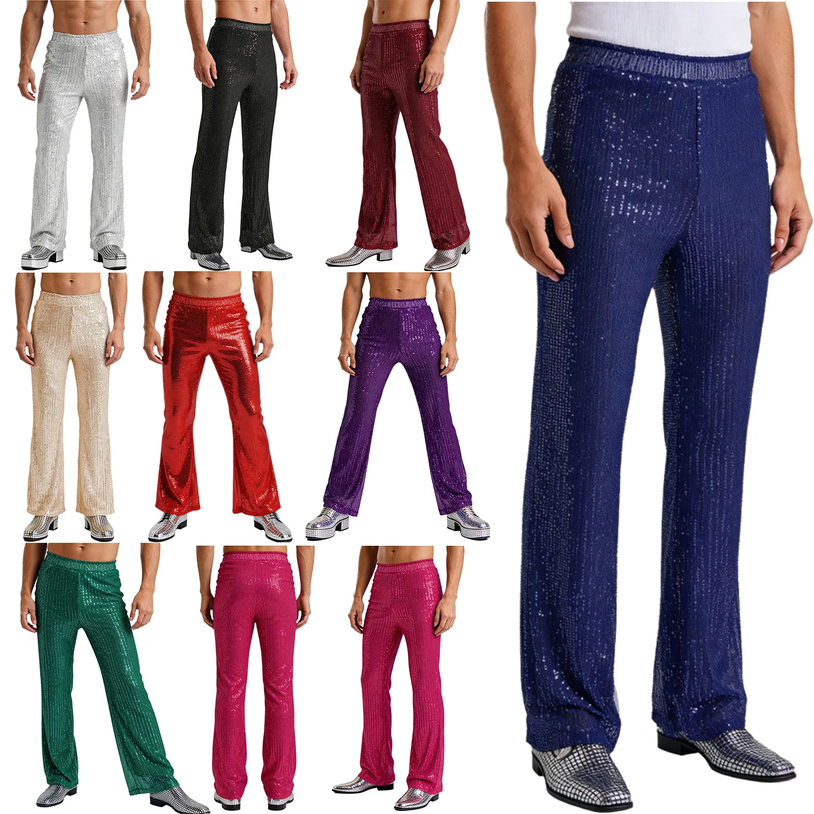 Mens Shiny Sequin Wide Leg Pants Elastic Waistband Full Lining Loose Straight Leg Pants Jazz Dance Trousers for Club Rave Party