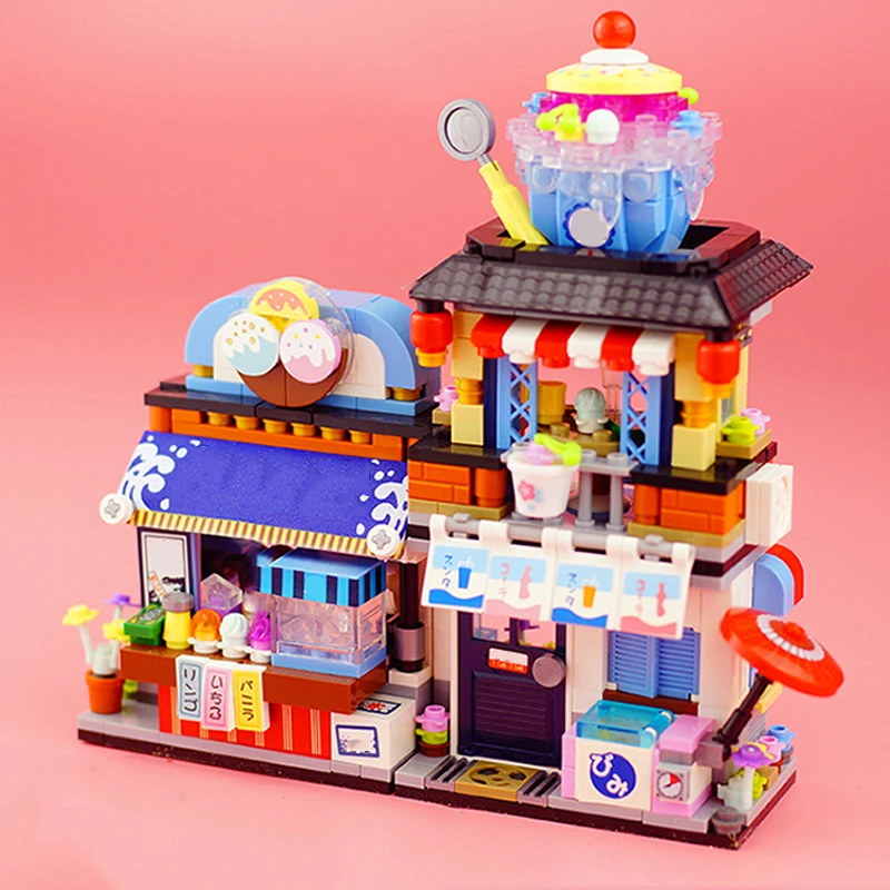 Mini Building Blocks City Street Scene Ice Cream Shop Restaurant House Model Toy Suitable for Home Decoration and Holiday Gifts