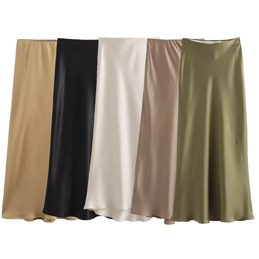 Willshela 2024 jupe en Satin noir femme taille haute jupes longues élégantes pour les femmes mode été jupe Midi bureau jupes pour femmes
