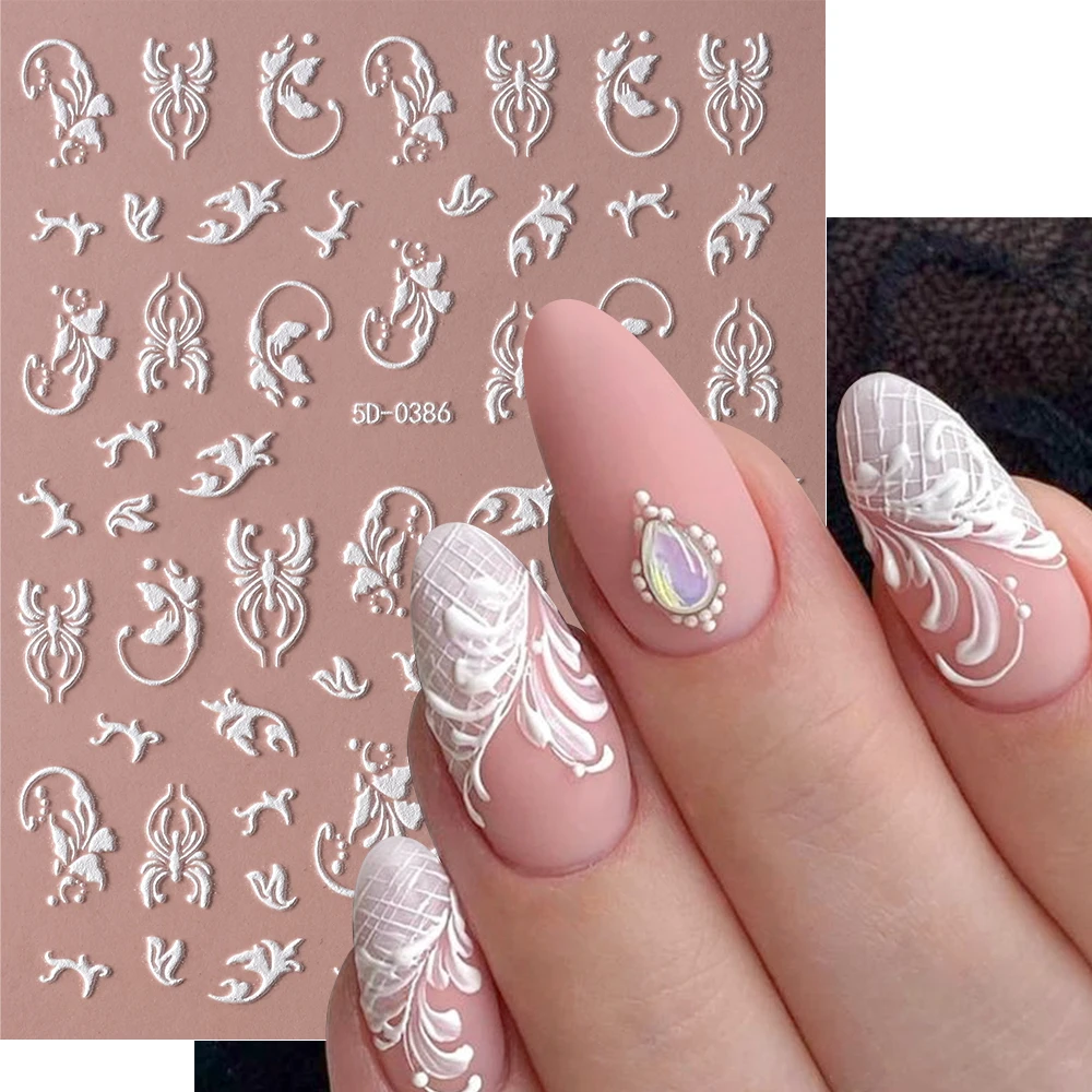 5D Embossed White 3D Flower Nail Sticker Retro Relief Elegant Lace Vine Geometric Floral Nail Art Decals Matte Manicure Sliders
