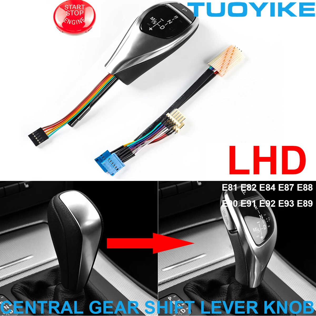 LHD LED Automatic Gear Shift Lever Knob Silver Trim M Sport Style For BMW 1 3-Series E81 E82 E84 E87 E88 E90 E91 E92 E93 Z4 E89