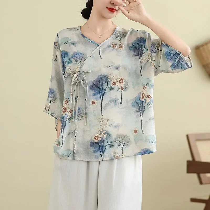 

Cotton and Linen New Chinese Style Women's Summer Thin Loose V-neck Five-quarter Sleeve Printed Short-sleeved T-shirt