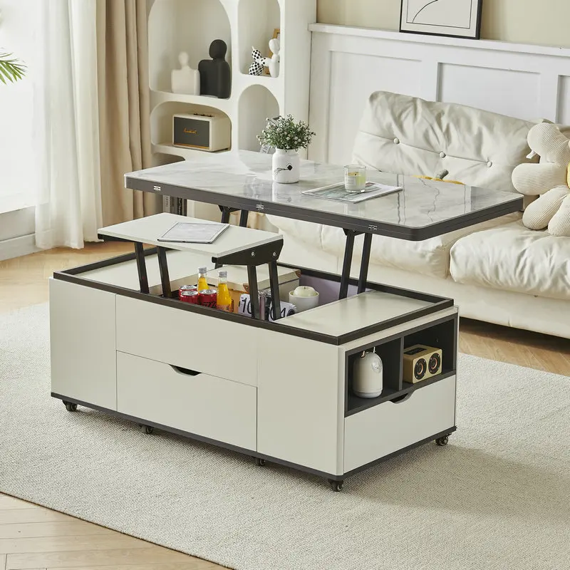 Cream Wind Full Storage Model with Stool Lift Coffee Table Dining Table Dual-use Integration, Excluding Chairs