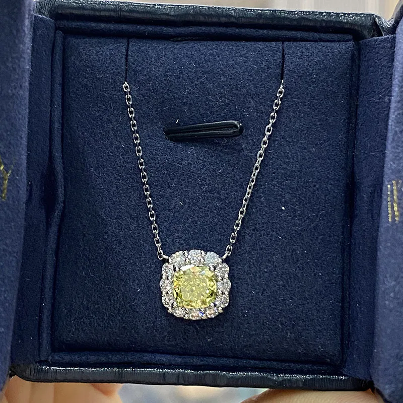 Solid 14k White Gold 1CT Cushion Cut DEF VS-VVS CVD HPHT Lab Grown Yellow Diamond Pendant Necklace 18inch Wedding Necklace IGI