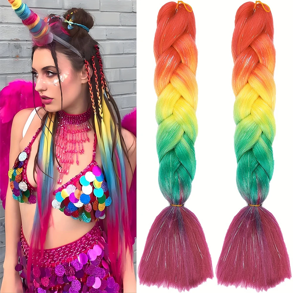 1 pz 24 pollici Ombre Jumbo Intrecciare arcobaleno Estensioni Dei Capelli Crochet Capelli Sintetici Parrucche Diritte cosplay partito Accessorio Dei Capelli Delle Ragazze