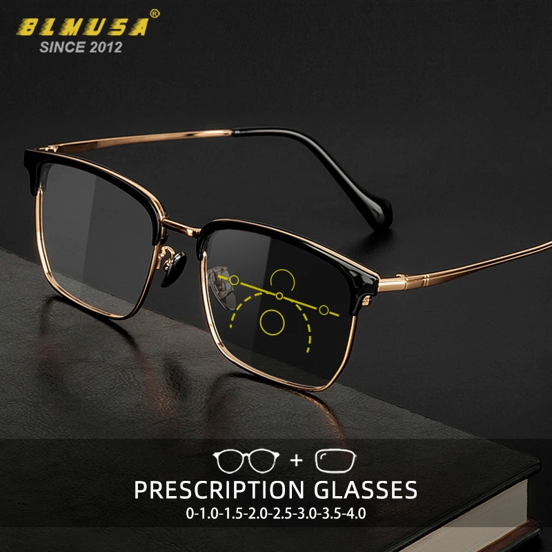 

BLMUSA Men Vintage Reading Eyeglass Multifocal Titanium Frame Anti Blue Ray Glasses Progressive Photochromic Customized Glasses