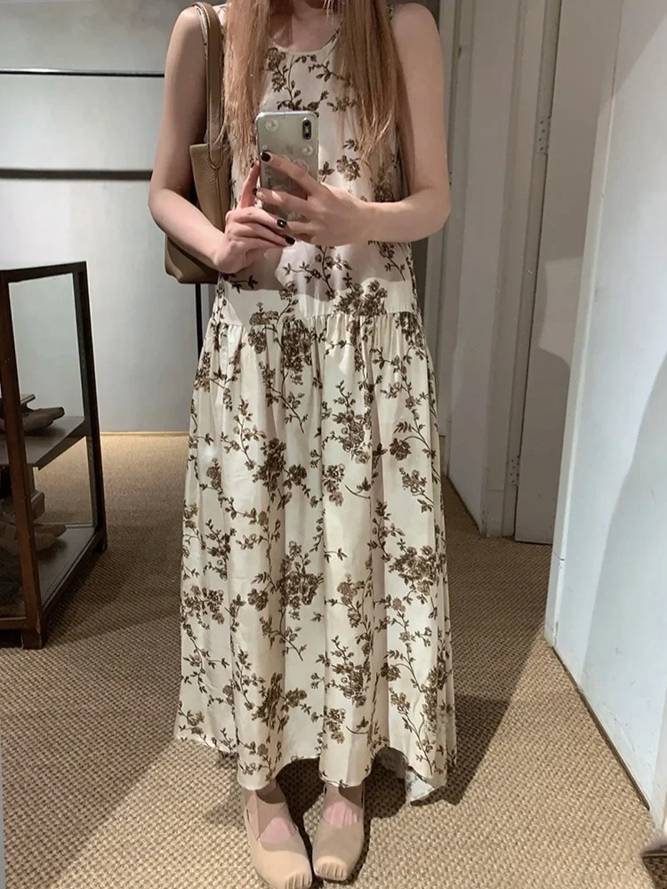 Retro Chinese Sle Print Dr Copper Ammonia Silk Vest Loose round Ne Casual Artistic Skirt Summer Season Women's Dr