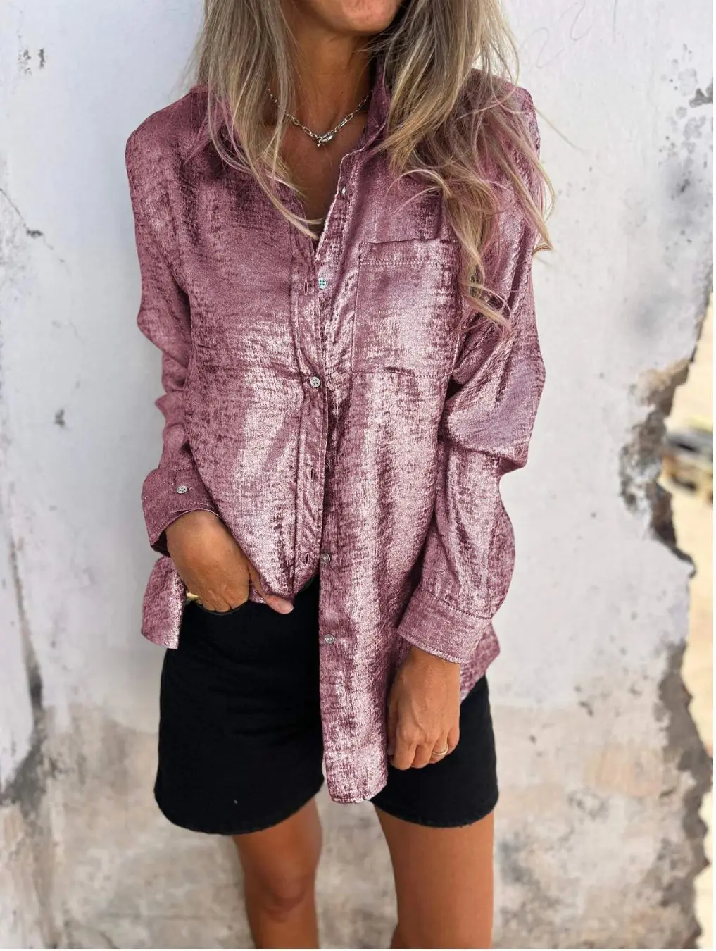 Autumn Women Shinny Golden Fashion Long Sleeved  Blouse Vintage  Elegant Single Breasted  Lapel Solid Loose Casual Lady Tops