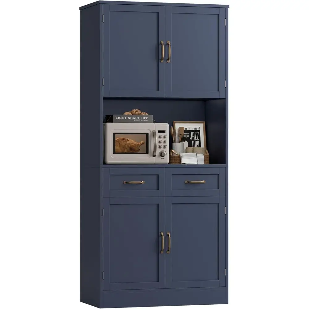 

71 Tall Wood Kitchen Pantry Cabinet with Hutch and Microwave Stand, Blue