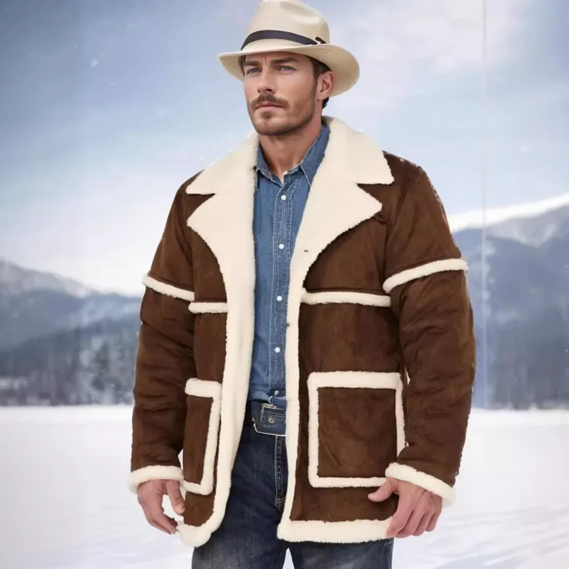 

Men Plush Coat Winter New Vintage Thicken Warm Patchwork Turn Down Collar Man Jacket Long Sleeve Pocket Casual Male Outerwear