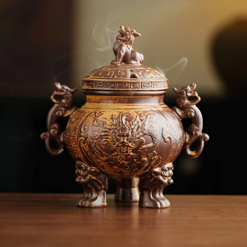 

Classical brown and yellow small incense burner ceramic sandalwood agarwood household aromatherapy burner ornament