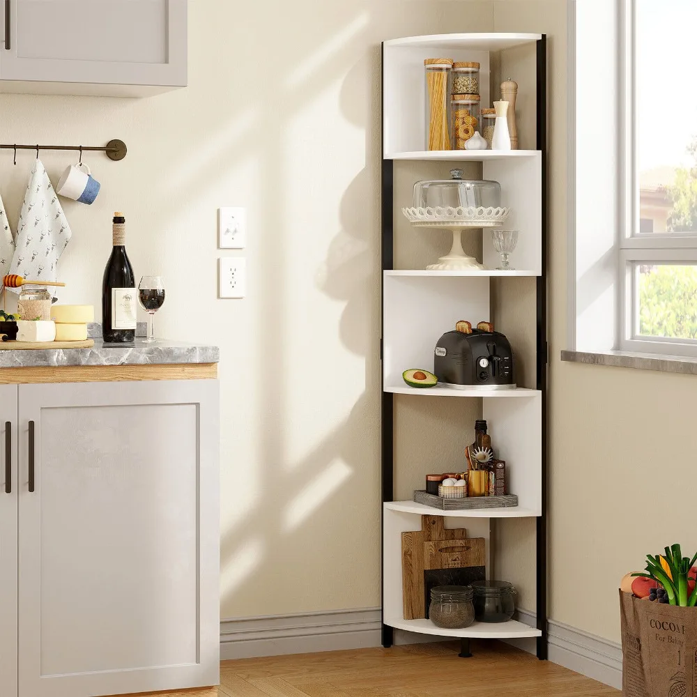 5 - Tier Industrial Corner Bookshelf: Modern Bookcase with Open Shelves for Stylish Storage