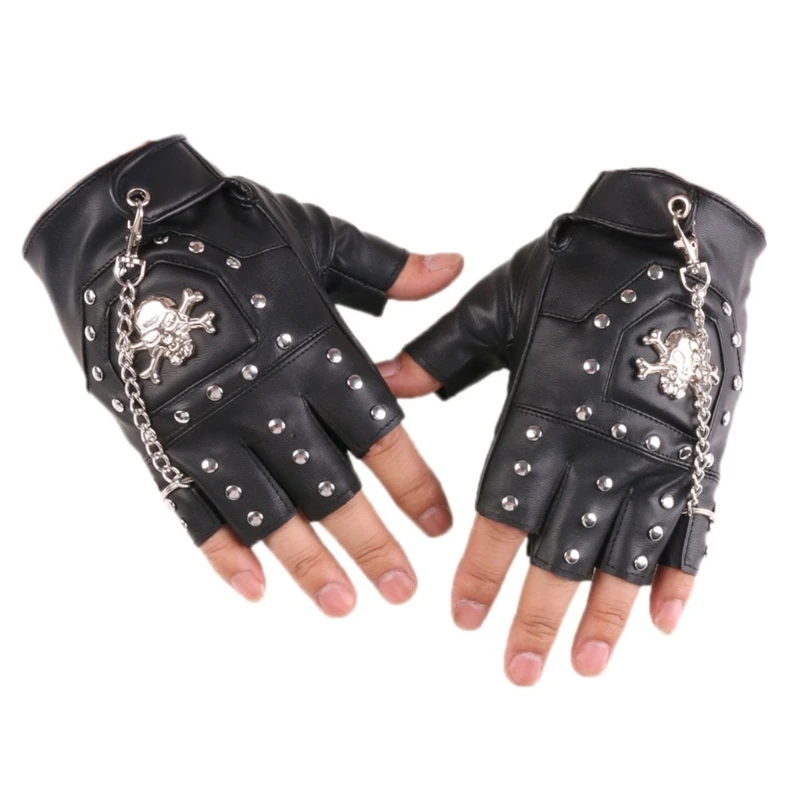 Men Steampunk Half Finger Gothic Gloves Metal Chain Rivets Biker Fingerless Mittens Black PU Leather Accessory