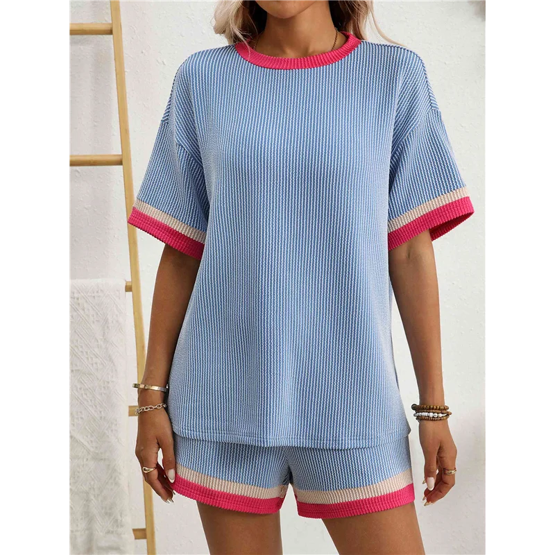 ชุดลำลองสองชิ้นสำหรับผู้หญิง A09P เสื้อแขนสั้นแบบสวมทับกับกางเกงขาสั้นเข้าชุด ชุดลำลอง ชุดออกกำลังกาย
