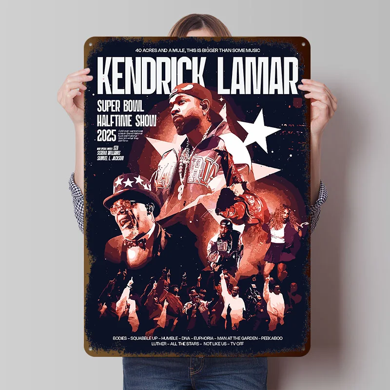 Kendrick Lamar Super Bowl Tinplate Posters Customizable Wall Art Retro Vintage Metal Signs for Home Room Mancave Decoration Cozy