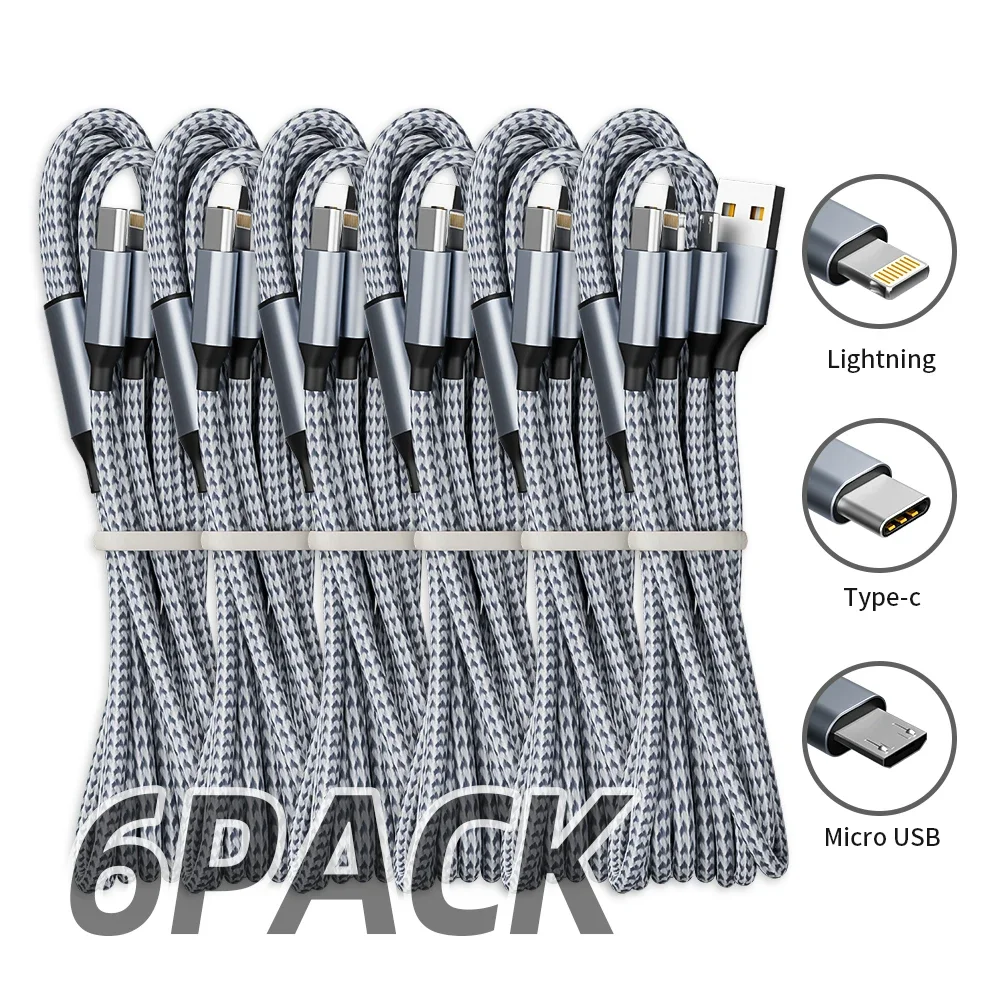 6 Pcs 3-in-1 nylon braided Usb Cable for a variety of devices MFi certified USB Fast charging with Type-C Micro USB IP interface