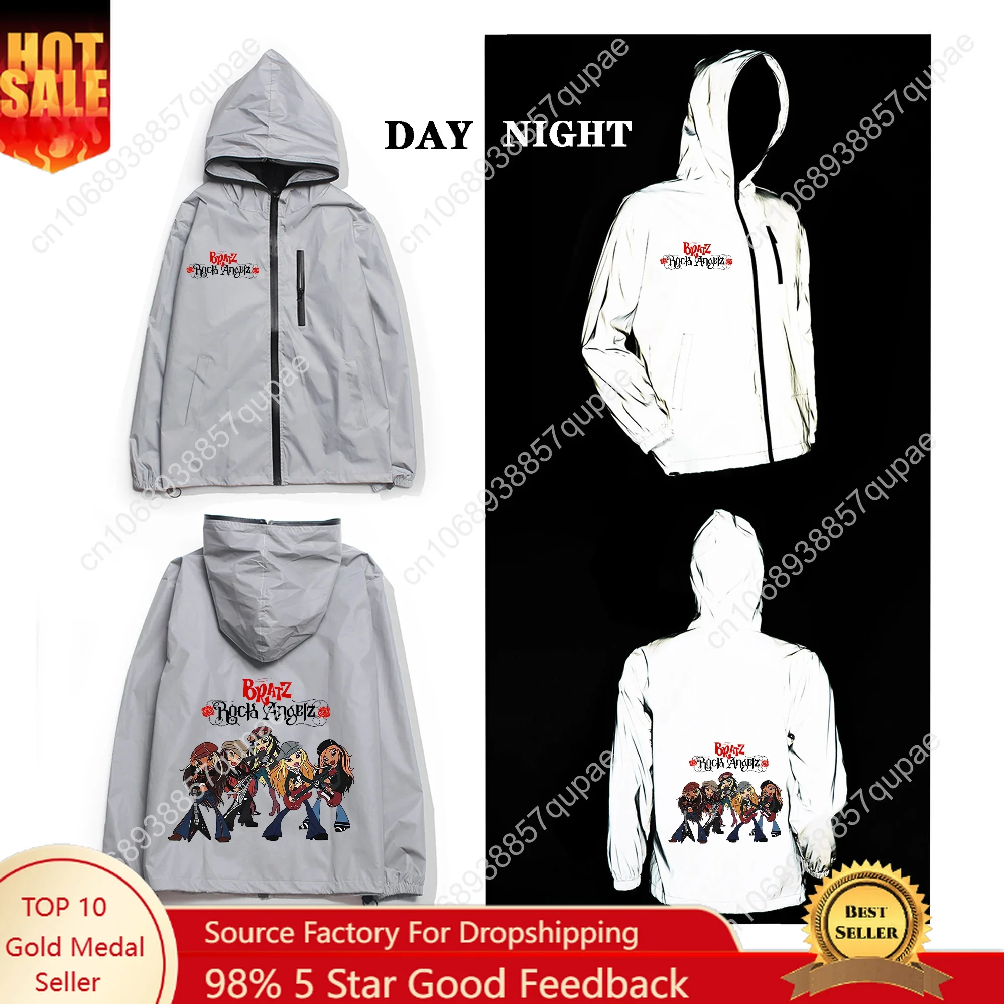 Bratz Reflective Jacket Anime Mens Womens Coat Hooded Windbreaker Runing Pocket Jackets Cycling Hiking Zipper Custom Hoodie