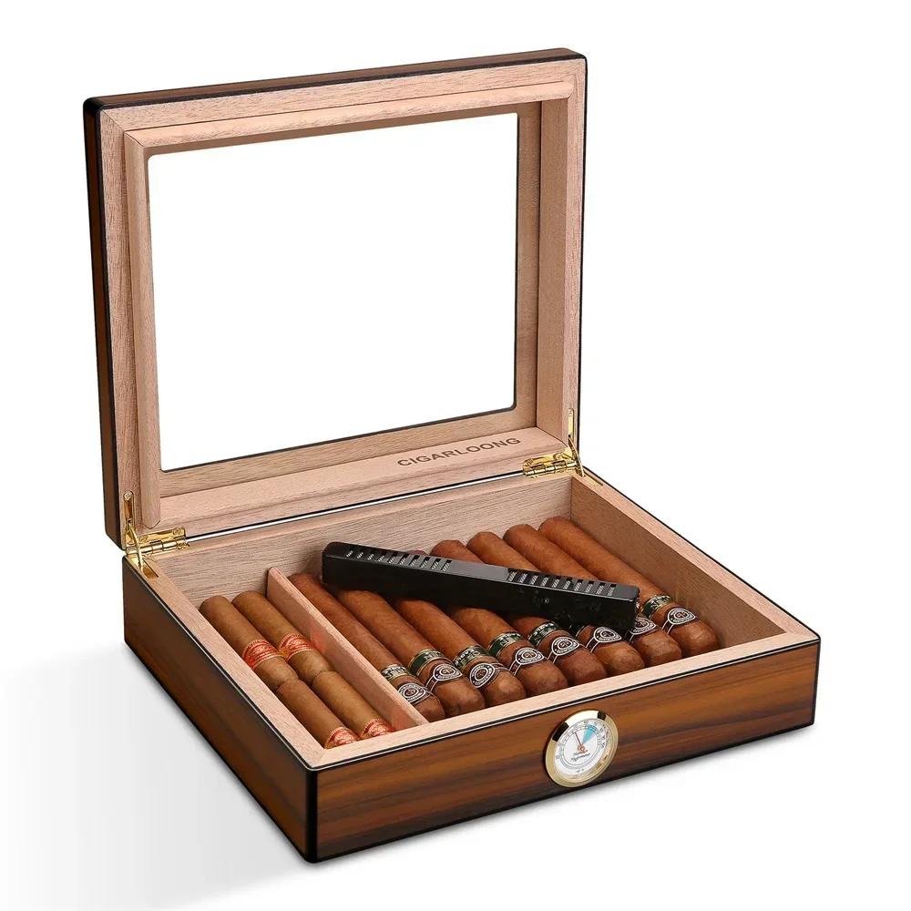 Classic Cedar Wood Cigar Humidor Desktop Box with Humidifier and Hygrometer Divider Glass Top Cigar Humidor Portable Travel Case