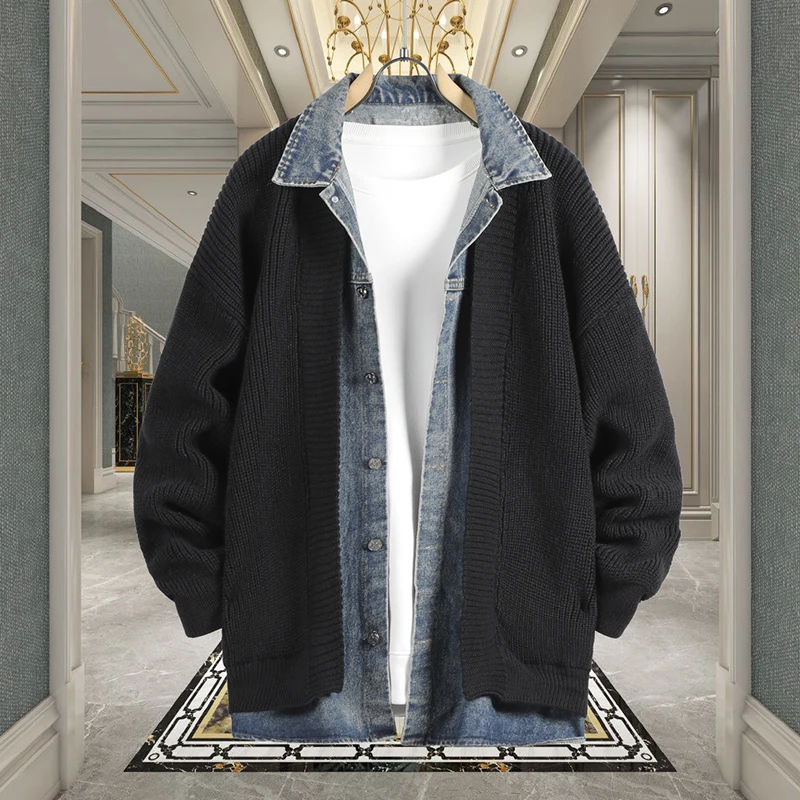 Conjunto de suéter cárdigan de punto informal para hombre, ropa de abrigo a la moda para primavera y otoño, suéter vaquero falso de dos piezas con diseño y2k