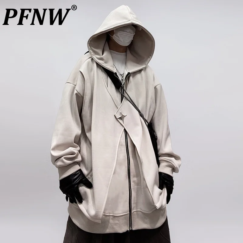 

PFNW Men's High Street Casual Hoodie Fake Two Piece Loose Casual Hoodie Zipper Jacket Tops Oversized Black Sweatshirts 12C1650