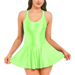 Fashion Women's Oil Glossy Sleeveless Tank Dresses Sports Fitness Tennis Short Dress Sexy Female Nightdress