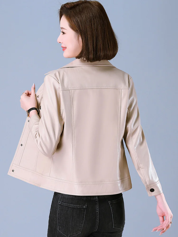 New Women Spring Autumn Leather Jacket Fashion Long Sleeve Sheepskin Moto Biker Coat Plus Size Split Leather Short Outerwear