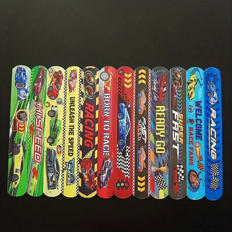 12Pcs Racing Car Theme Slap Circle Glitter Sequins Slap Pop Circle Bracelet For Baby Shower Birthday Party Decor Gifts