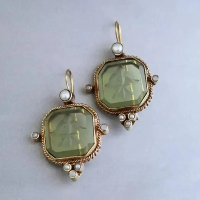 2024 New Cross Border Hexagonal Green Crystal Stone Eardrops with Ancient Style Hot Selling Commuter Earrings