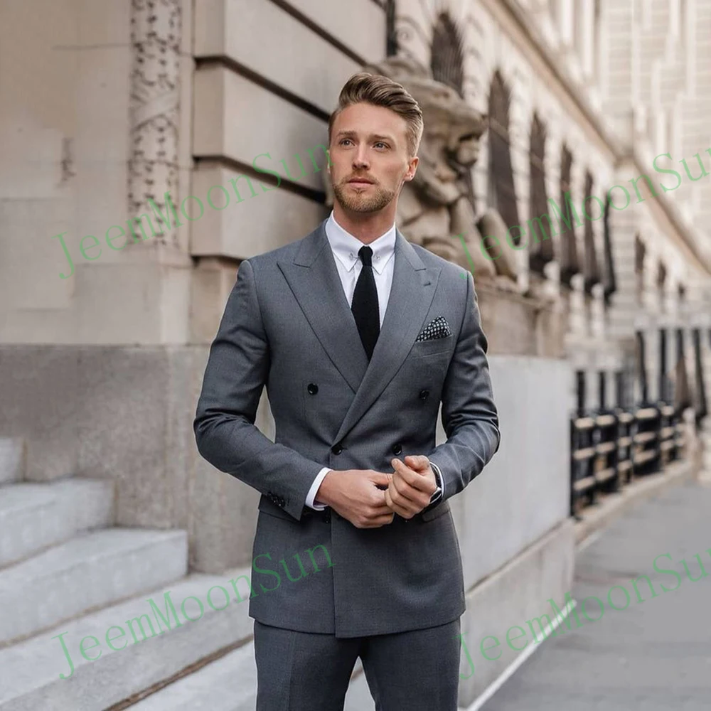 Grey Double Breasted Groom Wear Mens Suits 2022 Slim Fit Formal Business 2 Pieces Male Suit Trajes De Hombre Blazer Pants Tie