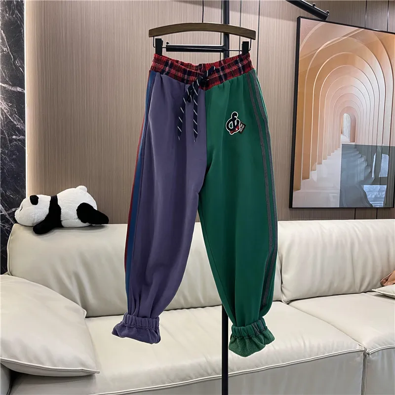 Fleece Thickened Color Matching Warm Casual Pants Women 2024 Autumn and Winter New Elastic Waist Straight Leg Sweatpants