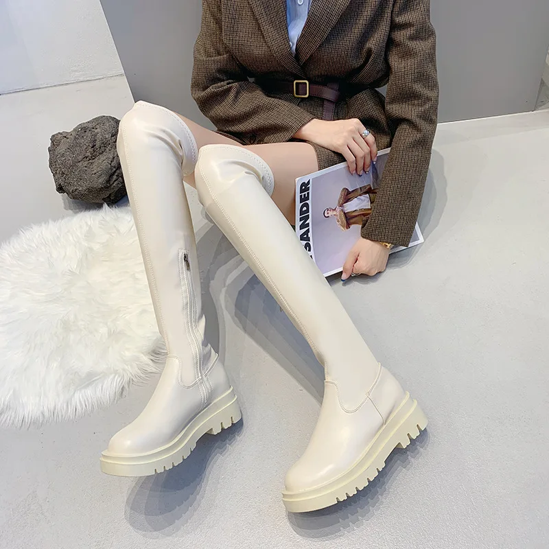 Women High Boots Fashion Woman Round Toe Zipper PU Leather Knee High Boots Women Chunky Platform Long Boots Solid Retro Botas