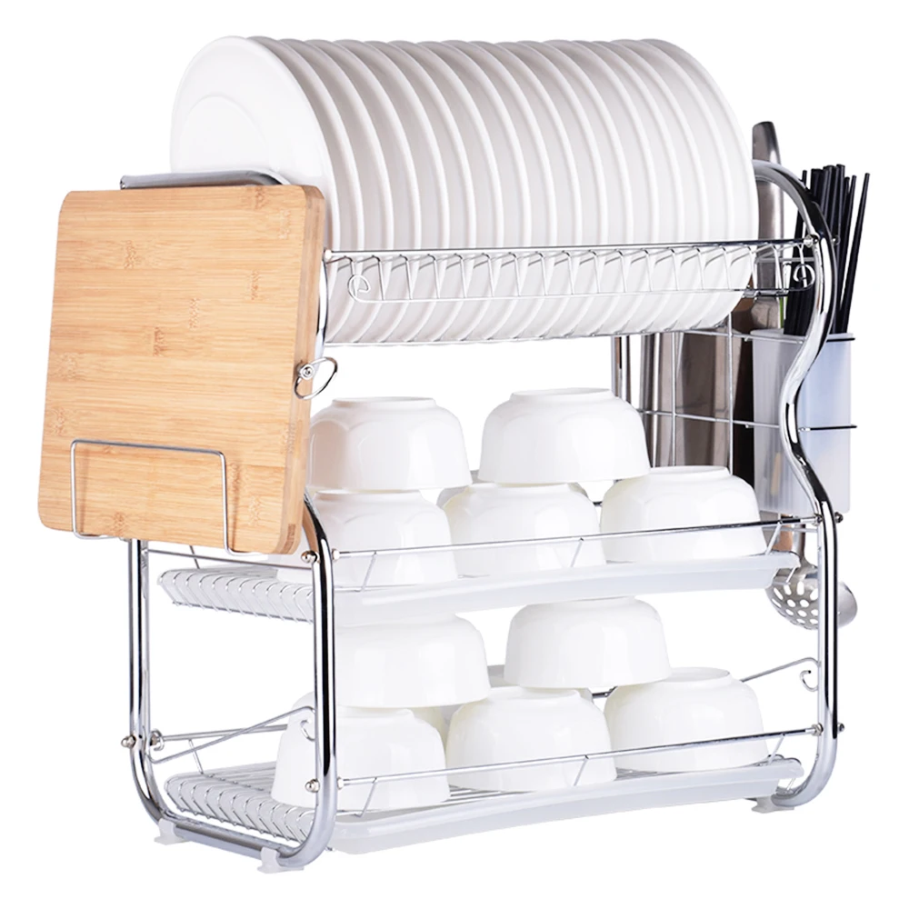 

3-Tier Dish Rack Kitchen Supplies Storage Rack Draining Rack with Chopsticks/Knives/Cutting Board Holder Drainboard