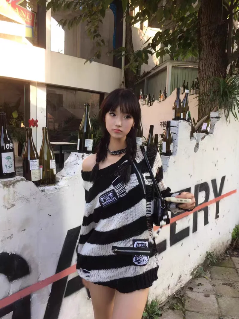 اليابانية الخريف والشتاء الظلام القوطية الجوف حفرة مخطط الشرير Harajuku ثقافة فرعية طاقم الرقبة محبوك سترة الاتجاه للنساء #5