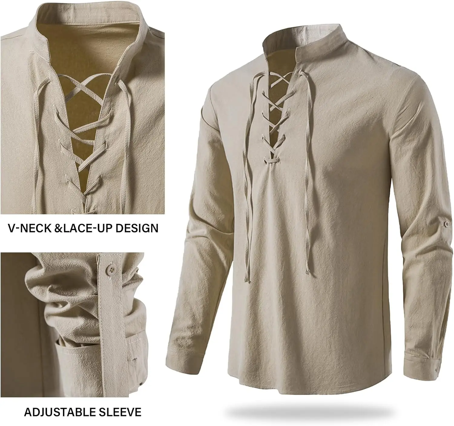 Mens Renaissance Shirt Long Sleeve Medieval Retro Lace Up Shirt Men Linen Pirate Costume