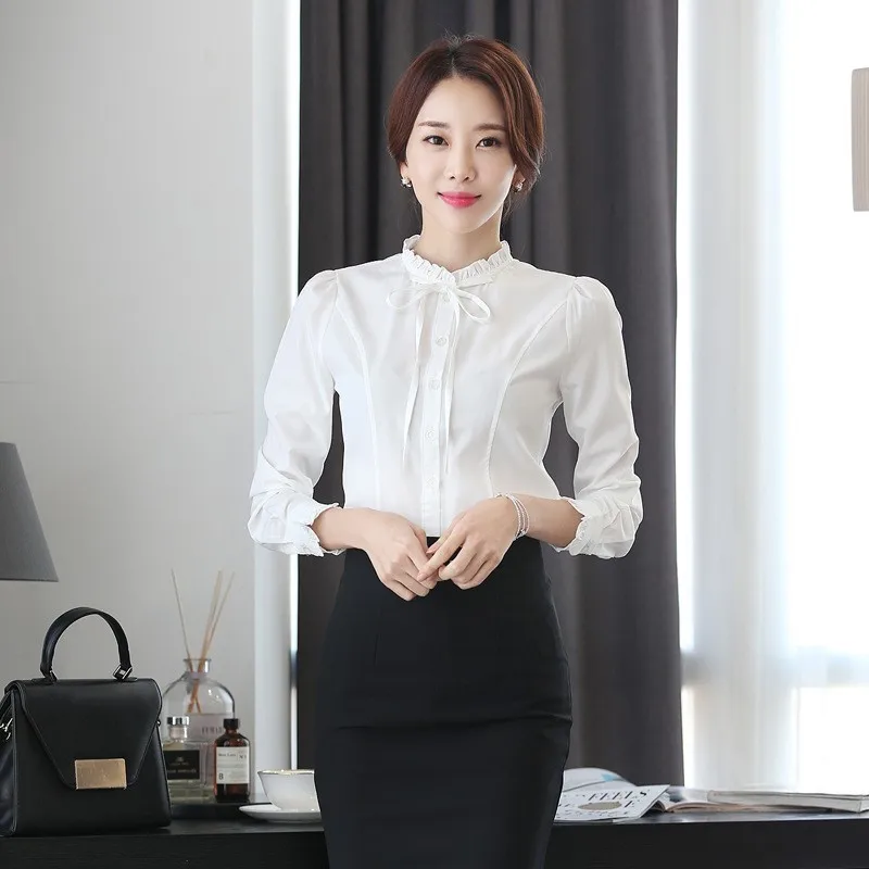 Fashion Korean White Blouse Women Blusas Stand Neck Chiffon Shirts Long Sleeve Bow Blouses Vintage Elegant Femme Tops NS5578