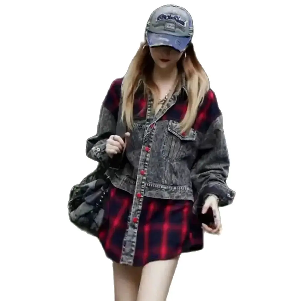 Hong Kong Retro Fashion Joker Plaid Shirt Spring And Autumn Wash Jeans Stitching Temperament Long Coat Loose Casual Shirt Female