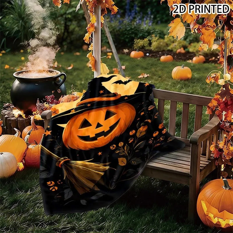 Halloween Throw Blanket, Spooky Cheerful Jack-O'-Lantern And Glowing Full Moon Print, Multiple Specifications Available, Cozy Wa
