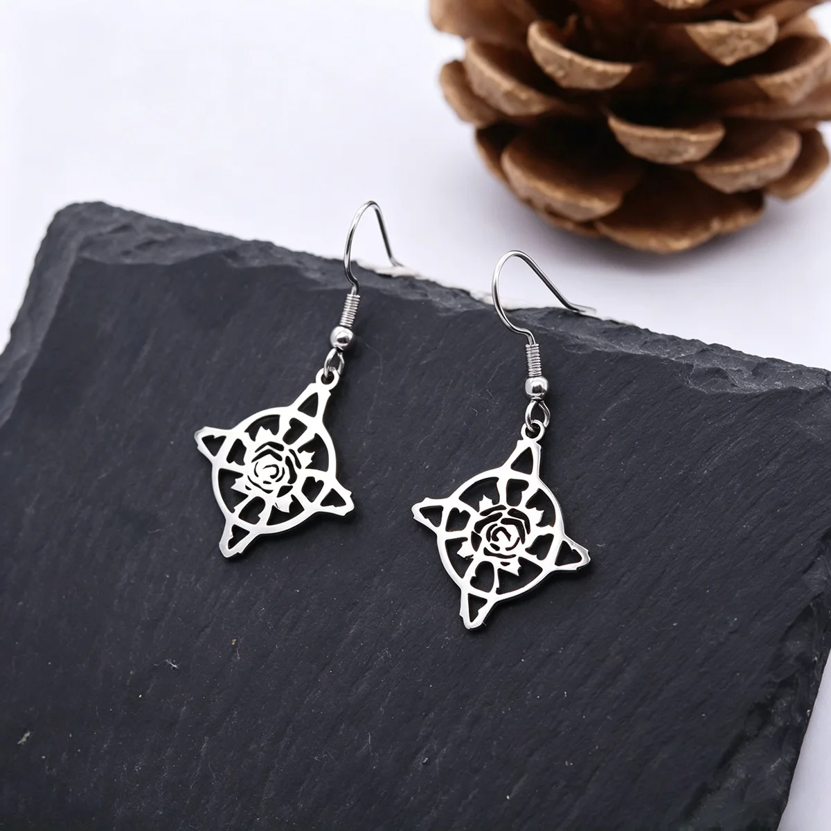 Kinitial Witch Knot Rose Pendants Drop Earrings For Women Stainless Steel Celtic Knot Protector Amulet Flower Jewelry Gifts