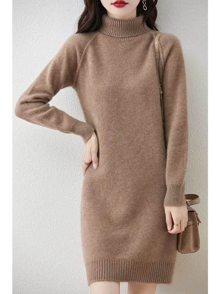 

Women Wool Dress Autumn Winter Turtleneck Pullovers Long Sleeve Skirts Sweater 100% Merino Wool Knitwear Mid-Long Sweater Dress