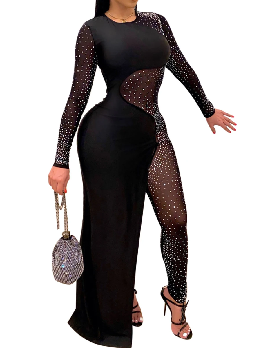 Sexy Mesh Rhinestone Irregular Skinny Jumpsuits